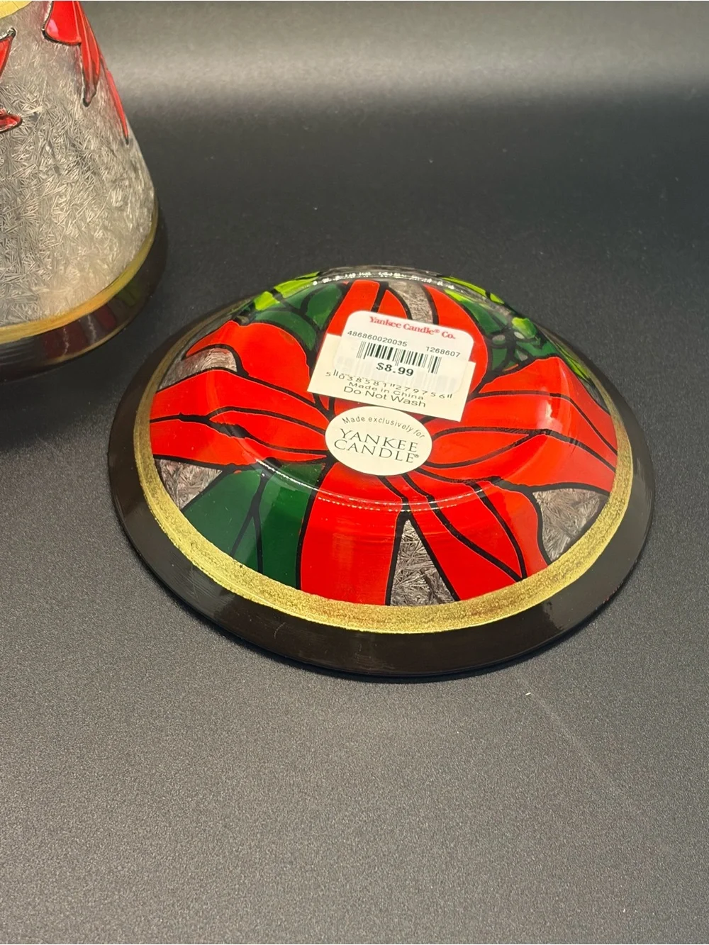 Vintage Yankee Candle Poinsettia Crackle Glass Jar Shade with Matching Plate